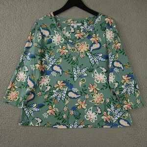 Chicos Shirt Womens 3 US XL Green Blue Paisley Floral V Neck 3/4 Sleeve Pima Top